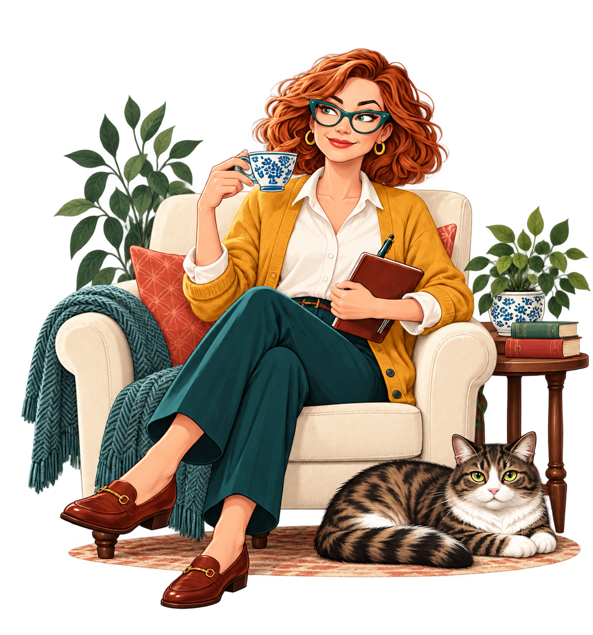 Illustrated Ellie brand persona relaxing with a teacup and a cat beside her armchair