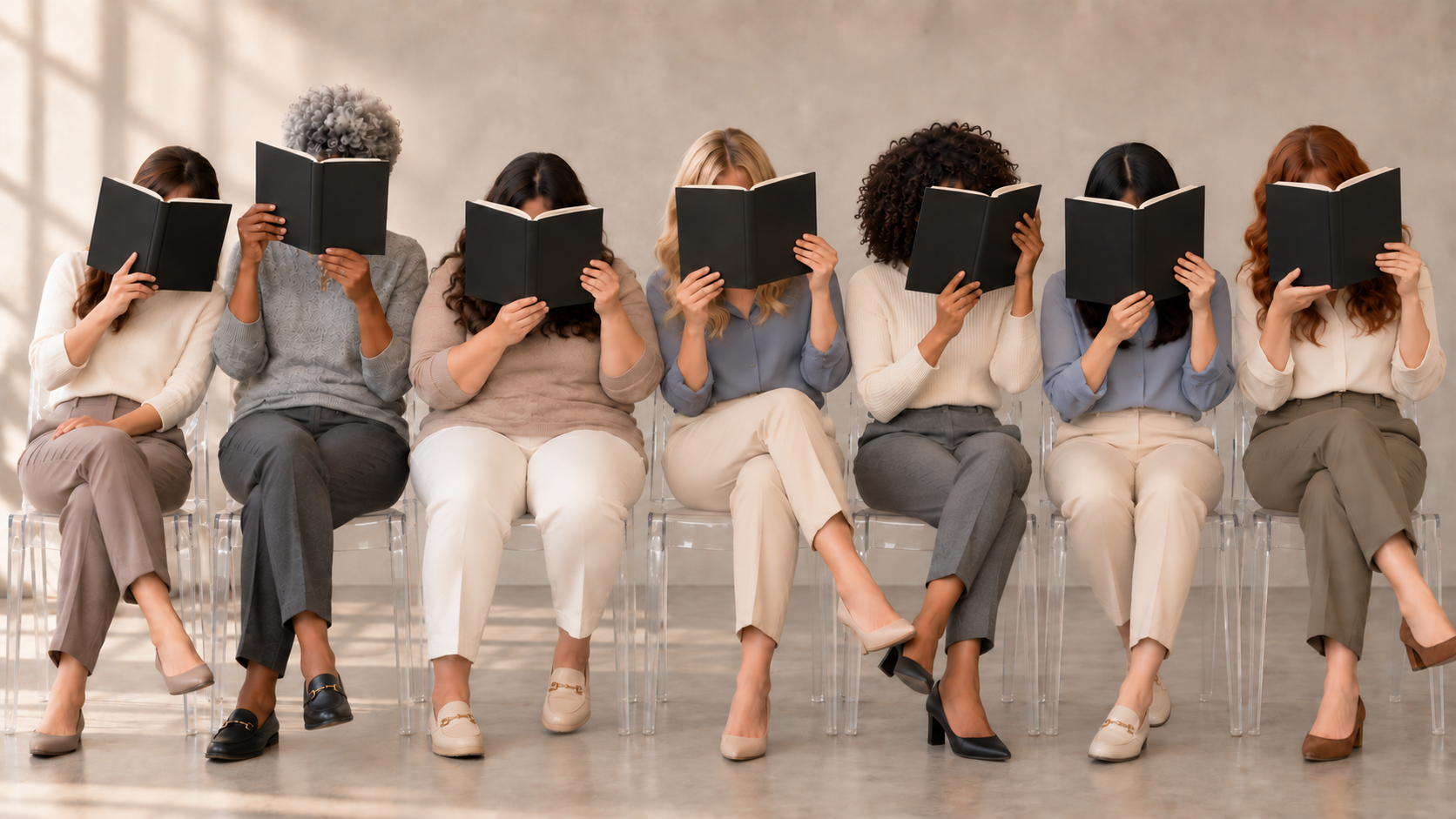 Illustrative scene of seven women seated and reading books