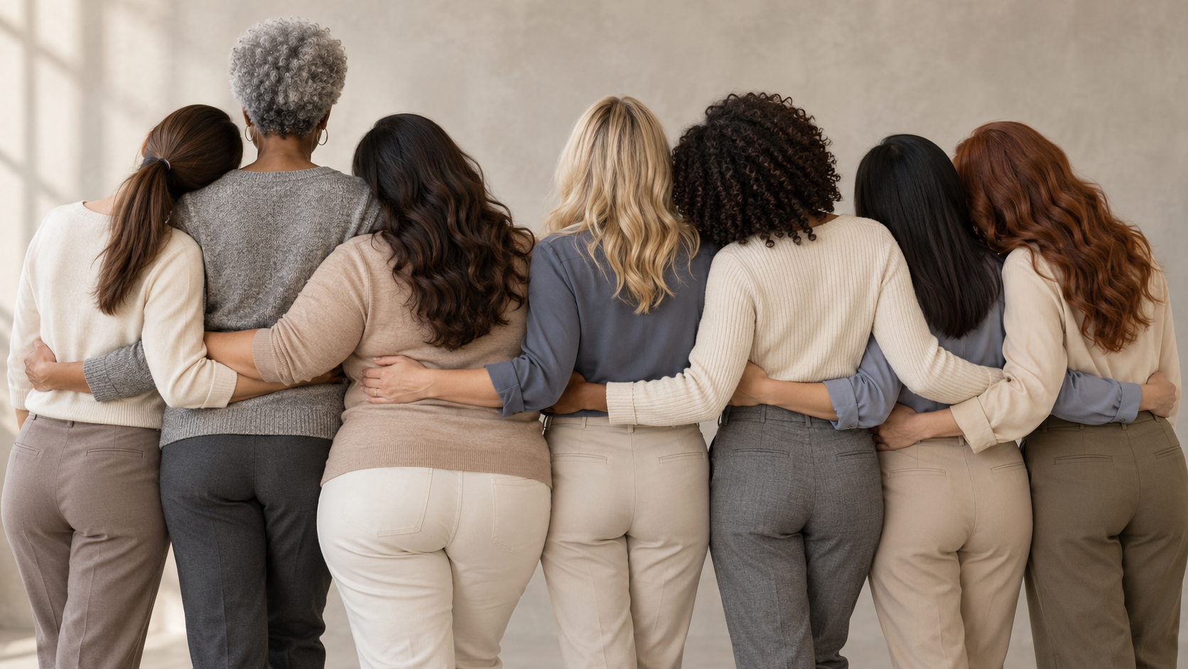 Illustrative scene of seven women standing arm in arm, viewed from behind