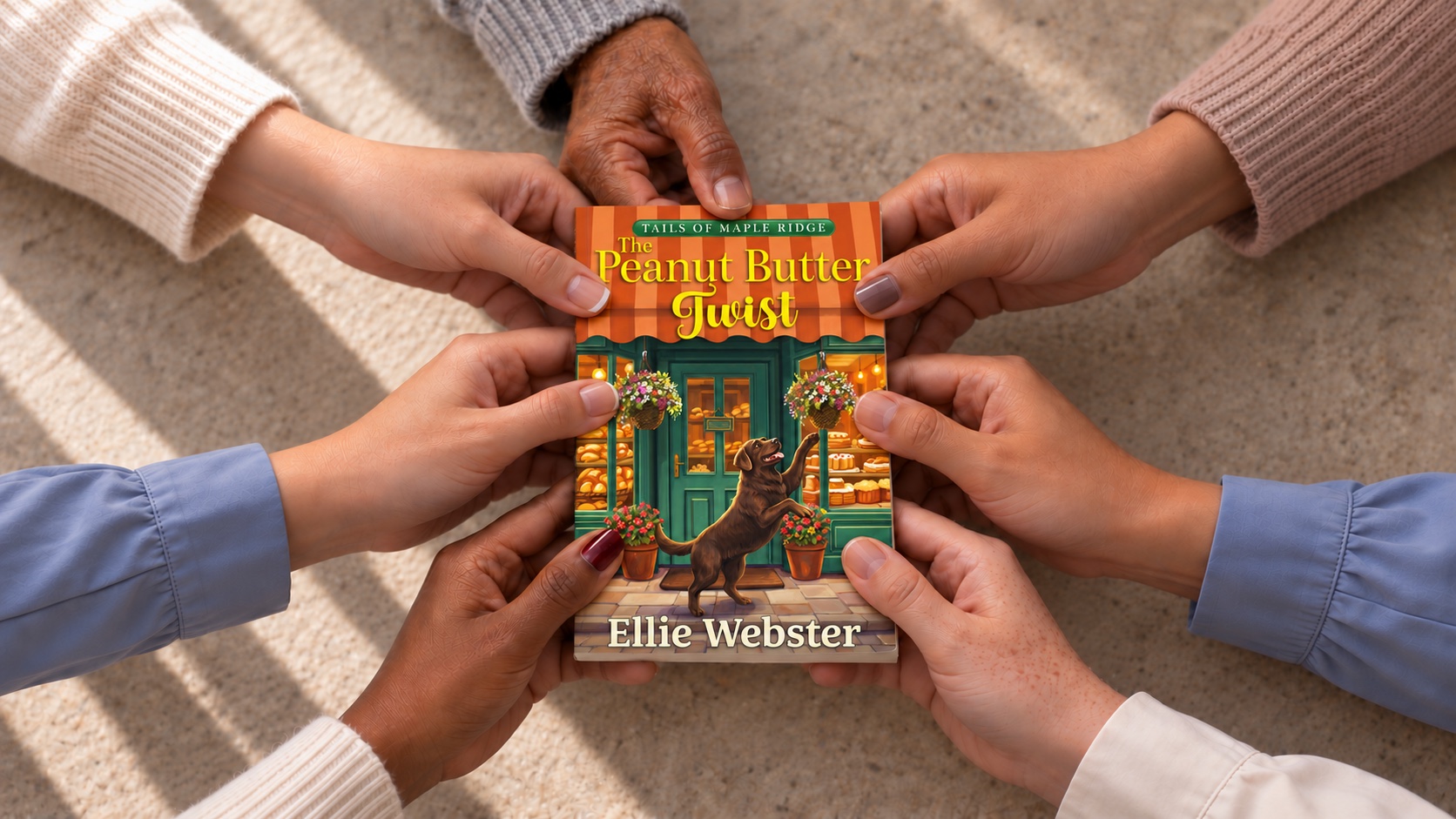 Illustrative overhead scene of several hands holding The Peanut Butter Twist by Ellie Webster