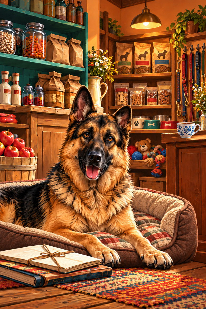German Shepherd resting among pet supplies in a cozy general store