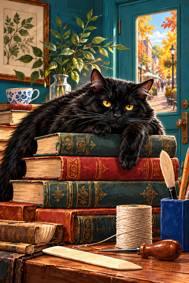 Black cat on antique books at a restoration desk