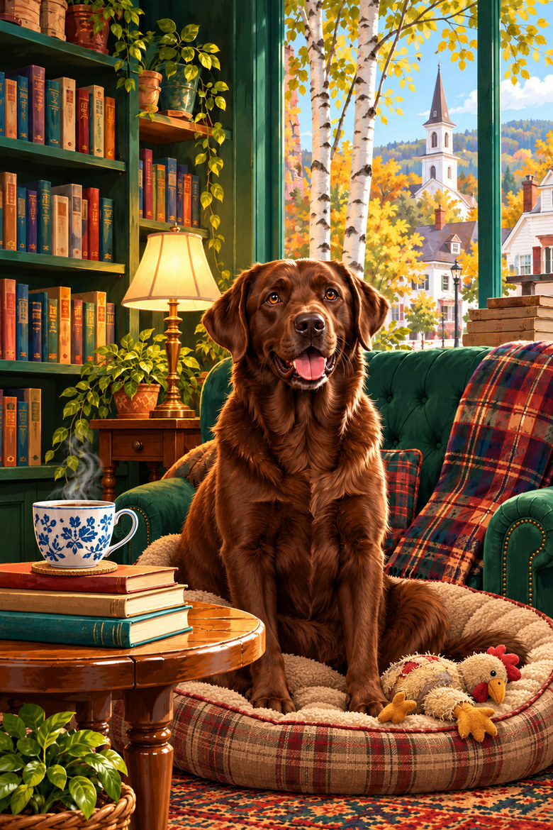 Brown Labrador in a book-lined reading room beside a teacup