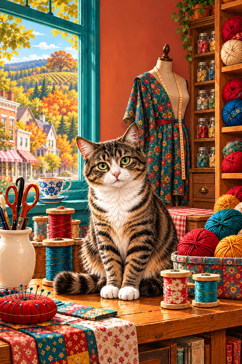 Tabby cat among yarn and sewing supplies in a craft shop